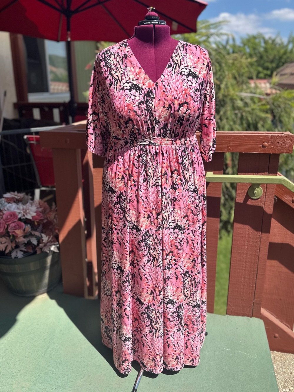 ellos Whimsigoth Fairycore Pink Floral & Black Print V-Neck Maxi Dress